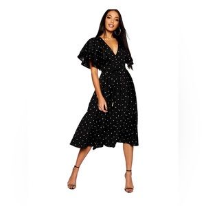 NWT BOOHOO mini polka dot ruffle angel sleeve midi dress black white 12
